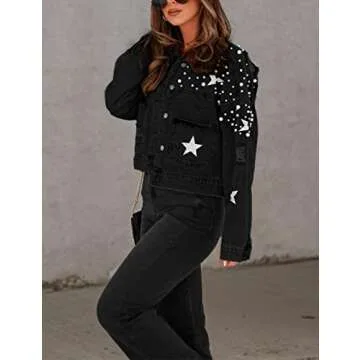 Esmeling Women's Stylish Cropped Denim Jacket with Pearls
