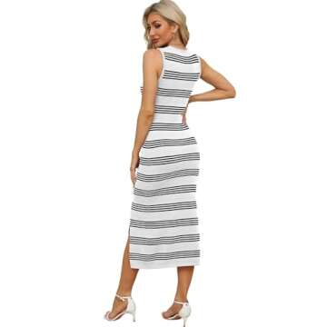 WIHOLL Womens Summer Boat Neck Bodycon Midi Dress Slim Fit Spring Sundress Cute Dress 2024 Graduation Birthday Dress Striped White L