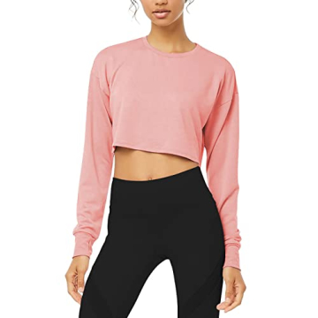 Bestisun Long Sleeve Sports Crop Tops for Women Workout Cropped Athletic Sports Tops Pink S