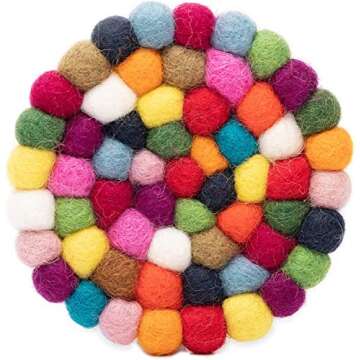 Round Felt Ball Coasters - 100% Merino Wool Table Coasters - Felt Coaster Pads, Absorbent Trivet for Drinks - Heat Resistant, Thick & Durable Hand Felted in Nepal by Woolygon- Multicolor - Set of 5