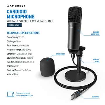 Amcrest USB Microphone for Voice Recordings, Podcasts, Gaming, Online Conferences, Live Streaming, Cardioid Microphone with Adjustable Heavy Metal Stand, Windscreen and 6.5 ft USB Cable, AM430