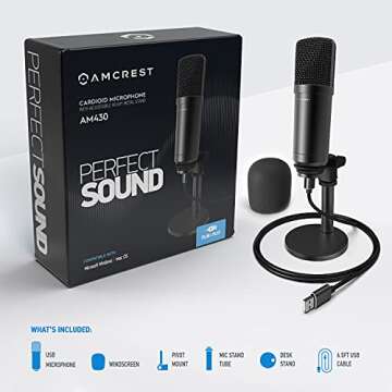 Amcrest USB Microphone for Voice Recordings, Podcasts, Gaming, Online Conferences, Live Streaming, Cardioid Microphone with Adjustable Heavy Metal Stand, Windscreen and 6.5 ft USB Cable, AM430