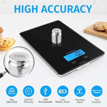 KOIOS Food Scale, 33lb/15Kg Digital Kitchen Scale for Food Ounces Grams Cooking Baking, 1g/0.1oz Precise Graduation, Waterproof Tempered Glass, USB Rechargeable, 6 Weight Units,No AAA Battery Included