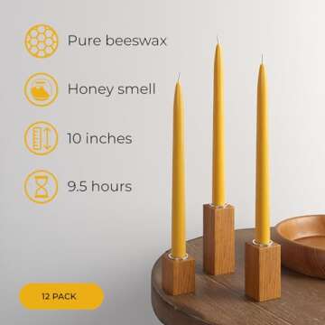 CANDWAX Beeswax Taper Candles 10 inch Set of 12 - Non Toxic and 100% Pure Beeswax Candles Ideal as Dinner Candles or Church Candles - Dripless Handmade Candles Beeswax Burns for 9.5 Hours
