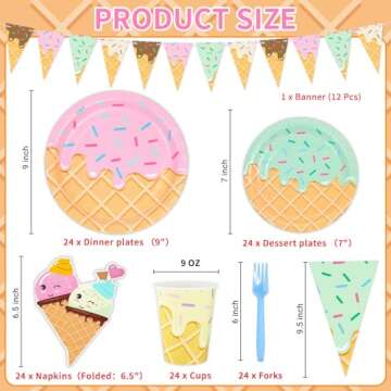 DYLIVeS 132 Pcs Ice Cream Birthday Party Supplies, Ice Cream Disposable Tableware Set Party Table De...