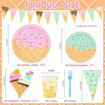 DYLIVeS 132 Pcs Ice Cream Birthday Party Supplies, Ice Cream Disposable Tableware Set Party Table De...