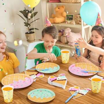 DYLIVeS 132 Pcs Ice Cream Birthday Party Supplies, Ice Cream Disposable Tableware Set Party Table Decorations for Girl, 9'' and 7'' Plates, Napkins, Cups, Forks, Banner, Serves 24