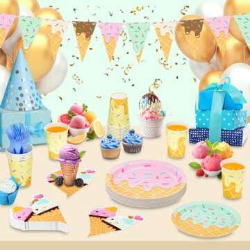 DYLIVeS 132 Pcs Ice Cream Birthday Party Supplies, Ice Cream Disposable Tableware Set Party Table Decorations for Girl, 9'' and 7'' Plates, Napkins, Cups, Forks, Banner, Serves 24