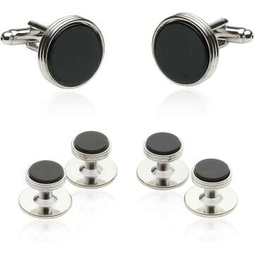 Men's Tuxedo Cufflinks & Studs Set in Black Onyx & Silver