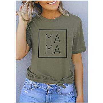 Mama Letters Print T-Shirt Women Short Sleeve Casual Graphic Tees Tops Mother's Day Shirts Gift (Army Green, L)