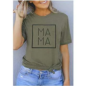 Mama Letters Print T-Shirt Women Short Sleeve Casual Graphic Tees Tops Mother's Day Shirts Gift (Army Green, L)