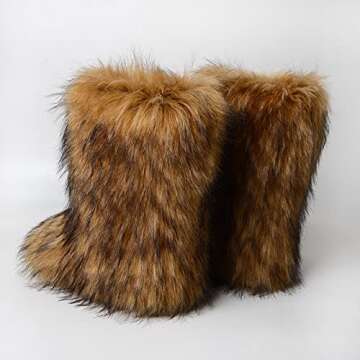 QMFUR Women's Furry Faux Fur Boots Knee High Snow Boots Fuzzy Fluffy Flat boot Winter Warm Fashion Boots (Brown, adult, women, numeric_5, numeric, us_footwear_size_system, medium)