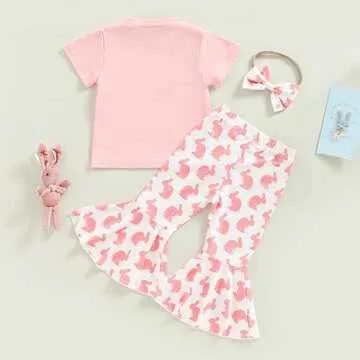YINGISFITM Baby Girl Easter Outfit Bunny Print Short Sleeve Tee Tshirt Pants Toddler Bell Bottoms Su...