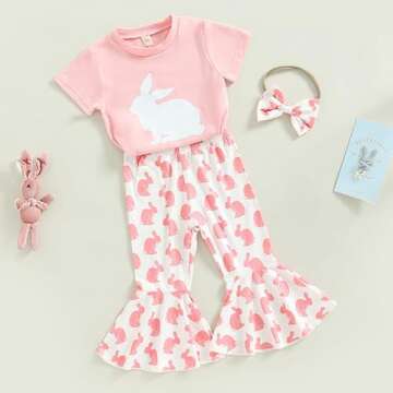 YINGISFITM Baby Girl Easter Outfit Bunny Print Short Sleeve Tee Tshirt Pants Toddler Bell Bottoms Summer Clothes 2Pcs Set (5-6 Years,Pink Rabbit)