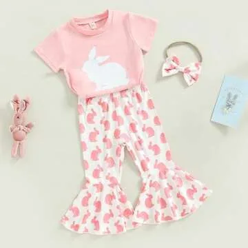 YINGISFITM Baby Girl Easter Outfit Bunny Print Short Sleeve Tee Tshirt Pants Toddler Bell Bottoms Summer Clothes 2Pcs Set (5-6 Years,Pink Rabbit)
