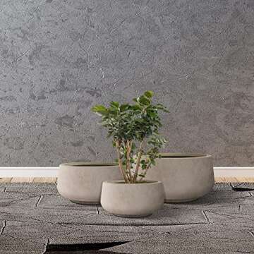 Kante 21.6",16.9",and 12.5" Dia Round Weathered Concrete Elegant Planters (Set of 3), Outdoor Indoor Garden Plant Pot with Drainage Hole and Rubber Plug for Home & Patio
