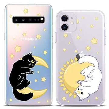 Cavka Matching Couple Cases Compatible for iPhone 16 15 14 13 12 11 Pro Max Mini Xs X 6s 8 Plus 7+ Xr 10 SE 5 Stars Celestial Sun Print Moon Luna Stylish Cats Flexible Slim Design Clear Cover Cutie