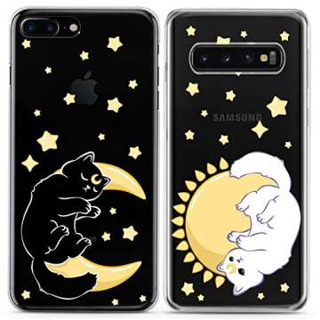 Cavka Matching Couple Cases Compatible for iPhone 16 15 14 13 12 11 Pro Max Mini Xs X 6s 8 Plus 7+ Xr 10 SE 5 Stars Celestial Sun Print Moon Luna Stylish Cats Flexible Slim Design Clear Cover Cutie