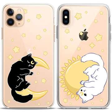 Cavka Matching Couple Cases Compatible for iPhone 16 15 14 13 12 11 Pro Max Mini Xs X 6s 8 Plus 7+ Xr 10 SE 5 Stars Celestial Sun Print Moon Luna Stylish Cats Flexible Slim Design Clear Cover Cutie