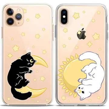 Cavka Matching Couple Cases Compatible for iPhone 16 15 14 13 12 11 Pro Max Mini Xs X 6s 8 Plus 7+ Xr 10 SE 5 Stars Celestial Sun Print Moon Luna Stylish Cats Flexible Slim Design Clear Cover Cutie