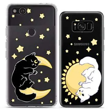Cavka Matching Couple Cases Compatible for iPhone 16 15 14 13 12 11 Pro Max Mini Xs X 6s 8 Plus 7+ Xr 10 SE 5 Stars Celestial Sun Print Moon Luna Stylish Cats Flexible Slim Design Clear Cover Cutie