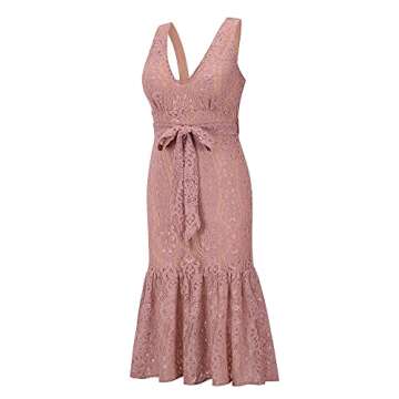 Women's Elegant Floral Lace Deep V-Neck Sleeveless Dress Mermaid Cocktail Evening Dresses with Belt(Pink,M)