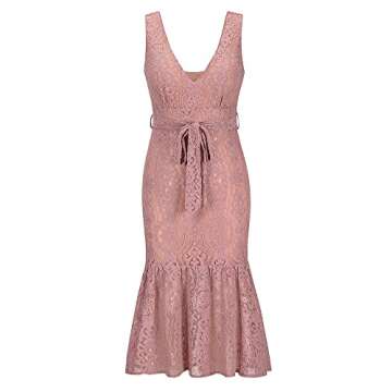 Women's Elegant Floral Lace Deep V-Neck Sleeveless Dress Mermaid Cocktail Evening Dresses with Belt(Pink,M)