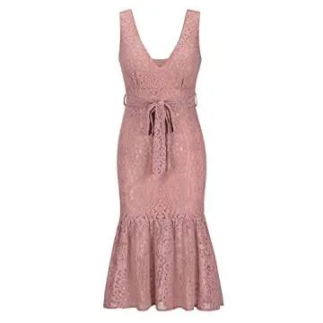 Women's Elegant Floral Lace Deep V-Neck Sleeveless Dress Mermaid Cocktail Evening Dresses with Belt(Pink,M)