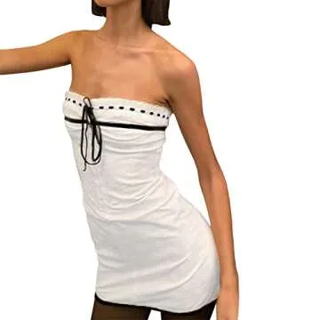 SOLILOQUY Women Patchwork Spaghetti Strap Dress 2023 Summer Lace-up Front Square Neck Y2k Mini Dress Vintage Fairy Streetwear (K White Patchwork Tube Dress, S)