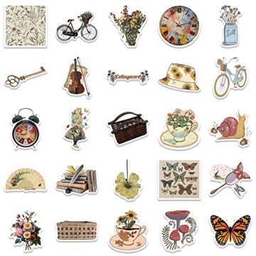 AOWDIAO Vintage Stickers, Aesthetic Cottagecore Decor, 50 Pieces Waterproof Vinyl Stickers for Water Bottle, Srapbook, Laptop, Phone Case, Teens Girls Adults Retro Gifts