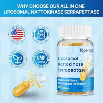 Liposomal Nattokinase 12,000 FU Serrapeptase 360,000 SPU Enzyme Supplement - Enriched with Synergistic Enzymes and Nutrient Blend & Inulin for Circulatory, Gut, Digestion 60 Capsules (2 Bottle)
