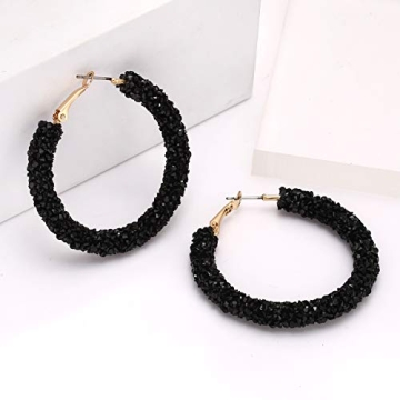 NLCAC Glitter Hoop Earrings Bohemian Sparkle Resin Rhinestone Wrapped Hoop Dangle Earrings for Women(B-black)