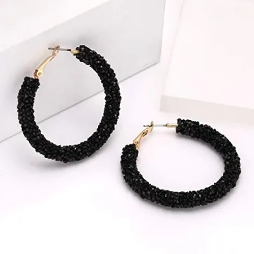 NLCAC Glitter Hoop Earrings Bohemian Sparkle Resin Rhinestone Wrapped Hoop Dangle Earrings for Women(B-black)