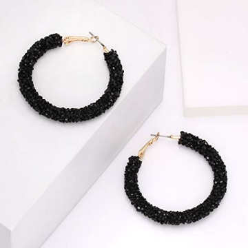 NLCAC Glitter Hoop Earrings Bohemian Sparkle Resin Rhinestone Wrapped Hoop Dangle Earrings for Women(B-black)