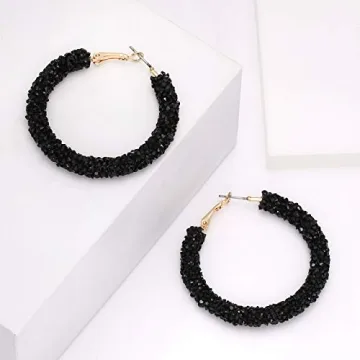 NLCAC Glitter Hoop Earrings Bohemian Sparkle Resin Rhinestone Wrapped Hoop Dangle Earrings for Women(B-black)