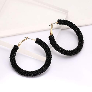 NLCAC Glitter Hoop Earrings Bohemian Sparkle Resin Rhinestone Wrapped Hoop Dangle Earrings for Women(B-black)