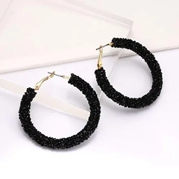 NLCAC Glitter Hoop Earrings Bohemian Sparkle Resin Rhinestone Wrapped Hoop Dangle Earrings for Women(B-black)