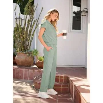 MEROKEETY Women 2 Piece Outfits Sweatsuit Set Half Zip Lapel Collar Short Sleeve Sweatshirt Wide Leg Sweatpant Tracksuit Sets Sage S