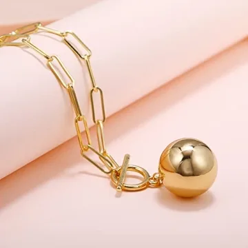 Kumshunie Paperclip Chain Necklace Ball Charms Gold Plated