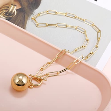 Kumshunie Paperclip Chain Necklace Ball Charms Gold Plated