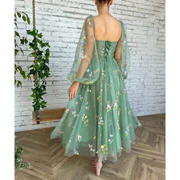 Smileven Teens' Long Sleeve Prom Dresses 2023 Flower Embroidery Tulle Puffy Sleeve A-Line Formal Evening Party Gowns with Tea Length,Green US8