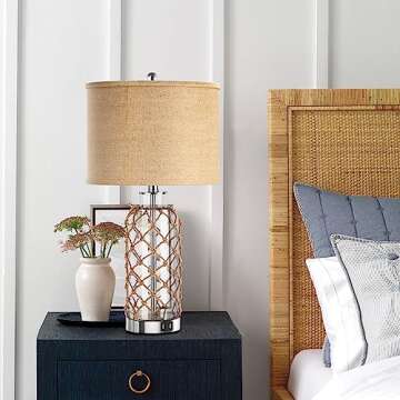 PARTPHONER Modern Coastal Table Lamp, Clear Glass Bottle Vase with Rope Netting and Burlap Drum Shad...
