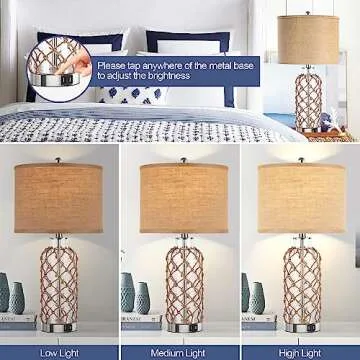 PARTPHONER Modern Coastal Table Lamp, Clear Glass Bottle Vase with Rope Netting and Burlap Drum Shade, 3-Way Dimmable Touch Control, 2 USB Charging Ports, 2 Free LED Bulbs Included