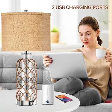 PARTPHONER Modern Coastal Table Lamp, Clear Glass Bottle Vase with Rope Netting and Burlap Drum Shade, 3-Way Dimmable Touch Control, 2 USB Charging Ports, 2 Free LED Bulbs Included