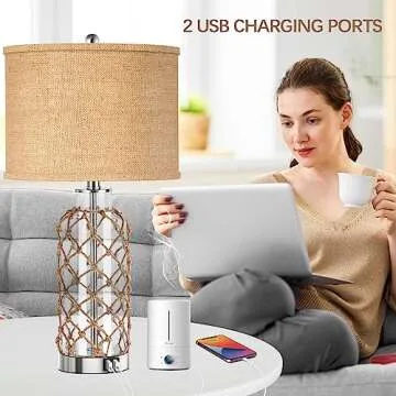 PARTPHONER Modern Coastal Table Lamp, Clear Glass Bottle Vase with Rope Netting and Burlap Drum Shade, 3-Way Dimmable Touch Control, 2 USB Charging Ports, 2 Free LED Bulbs Included