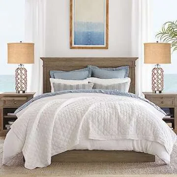 PARTPHONER Modern Coastal Table Lamp, Clear Glass Bottle Vase with Rope Netting and Burlap Drum Shade, 3-Way Dimmable Touch Control, 2 USB Charging Ports, 2 Free LED Bulbs Included