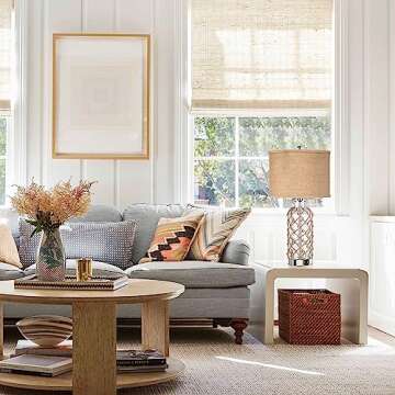 PARTPHONER Modern Coastal Table Lamp, Clear Glass Bottle Vase with Rope Netting and Burlap Drum Shade, 3-Way Dimmable Touch Control, 2 USB Charging Ports, 2 Free LED Bulbs Included