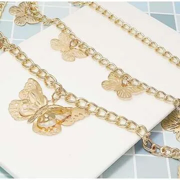 Liutufy Women Retro Multi-Layer Butterfly Waist Chain Trend Hollowed out Pendant Decorative (Gold Butterfly-M)