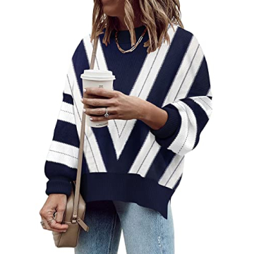 ETCYY Oversized Sweaters for Women 2022 Trendy Fall Crew Neck Batwing Sleeve Side Slit Knit Tops Loose Striped Print Pullover Sweater