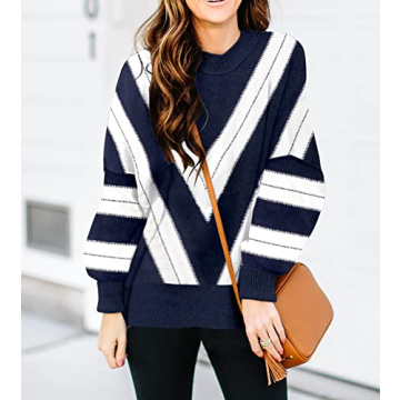 ETCYY Oversized Sweaters for Women 2022 Trendy Fall Crew Neck Batwing Sleeve Side Slit Knit Tops Loose Striped Print Pullover Sweater